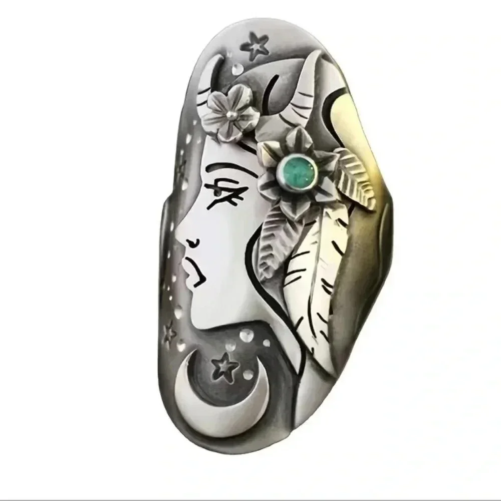 Silver Bohemian Woman Face Silver Ring